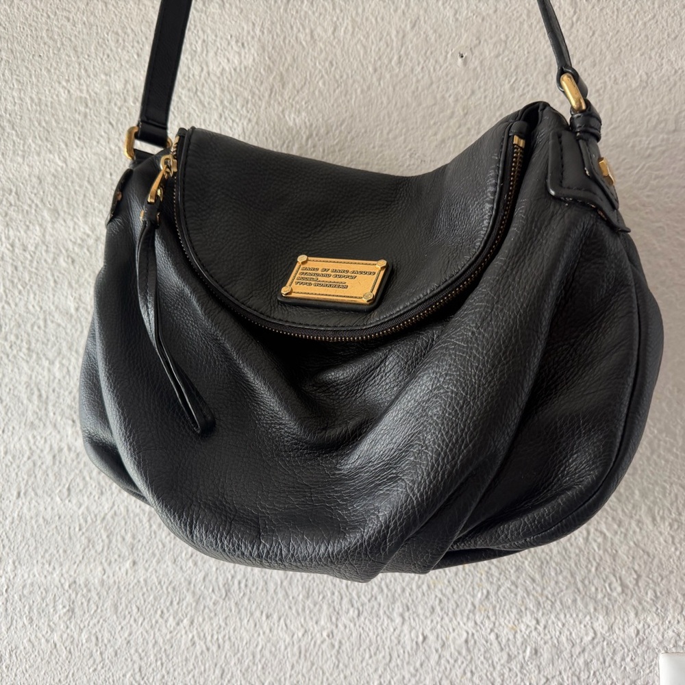 Marc Jacobs Black Leather Hobo Bag with Gold Accents